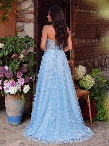 Faeriesty Đầm quây thanh lịch dành cho nữ, được làm từ vải lưới họa tiết bướm, thiết kế corset có gọng, buộc dây phía sau, chân váy xòe, thích hợp cho tiệc cưới. - Màu xanh nhạt - Xem 2
