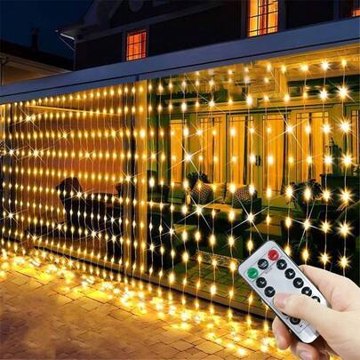 أضواء ستارة خارجية رومانسية 300 LED بمقاس 300 * 300 سم، تعمل بالطاقة من منفذ USB، 8 أوضاع، أضواء سلسلة داخلية زخرفية مع تحكم بالزر وجهاز تحكم عن بعد، مناسبة لأعياد الميلاد والزفاف وحفلات الديكور