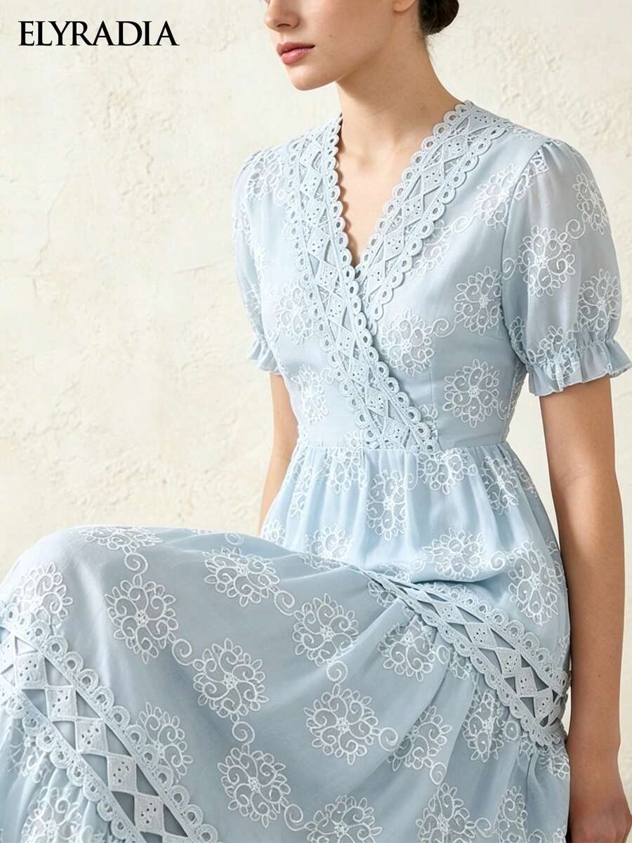 女士夏季刺绣蕾丝拼接连衣裙，优雅派对蓝色泡泡袖中长连衣裙，婚礼宾客休闲度假沙滩连衣裙 - 淺色水洗藍 - 查看 1