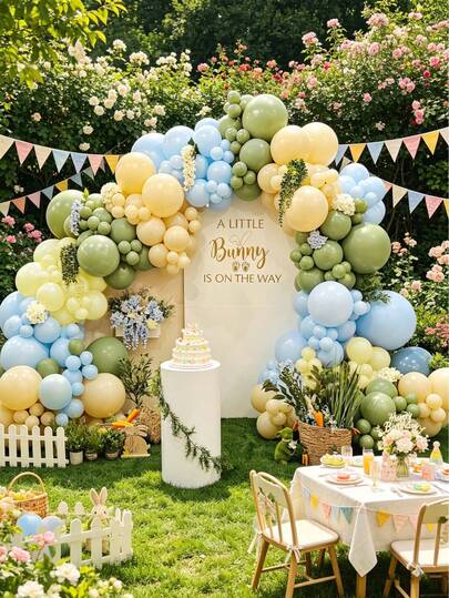 105件套经典泰迪熊婴儿派对拱门装饰套装 - 浅蓝色、橄榄绿、浅黄色、裸色气球，适用于婴儿派对、主题派对、生日派对装饰