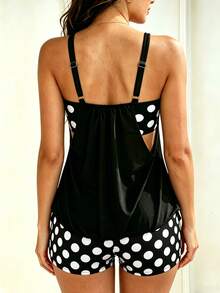 Women's Casual Polka Dot Tankini Swimsuit Set With Scoop Neck Tank Top And Shorts For Beach Wear - màu đen - Xem 2