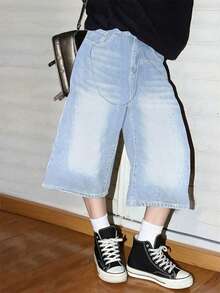 Quần short denim nữ mùa hè, họa tiết râu mèo rách rưới kiểu Y2K, trang phục thường ngày thoải mái, quần short Bermuda ống đứng phong cách retro thập niên 90. - Xanh và trắng - Xem 4