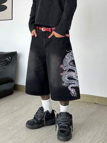 Hearty Haven 1件裝美式街頭風刺繡舒適寬鬆牛仔短褲 中長款休閒寬腿褲 男款，街頭穿搭學院風 - 不含腰帶與配件 - 黑色 - 查看 6