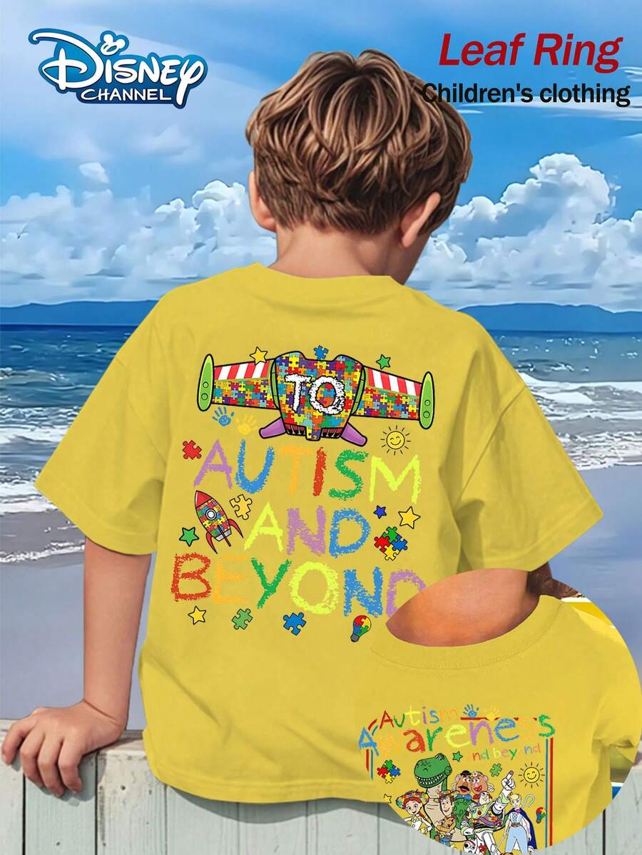 Toy Story Autism Awareness And Beyond Toy Summer Tops,Disney Print Graphic Tee, Perfect For Cool Boys. Teen Boy Gift,Comfortable And Breathable Children's Short-Sleeved T-Shirt. 180g Pure Cotton Children's Clothes,Suitable For Both Boys And Girls.Suitable For Daily Wear, Vacations, Outdoor Activities, And As A Children's Gift. - Màu vàng - Xem 1