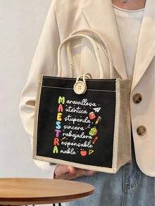 Tas Tote Motif Huruf Maestra dan Apel Aneka Warna, Tas Tote yang Dapat Digunakan Kembali, Tas Penyimpanan Kapasitas Besar yang Lucu, Tas Tangan Perjalanan Ringan - MultiWarna - View 16