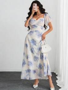Women's Gothic Black Floral Print Mesh Dress, Ruched Bust Design, Ruffle Sleeves, A-Line Silhouette, Sheer Hem, Vintage Elegant Long Design Vacation Summer - Multicolor - View 4