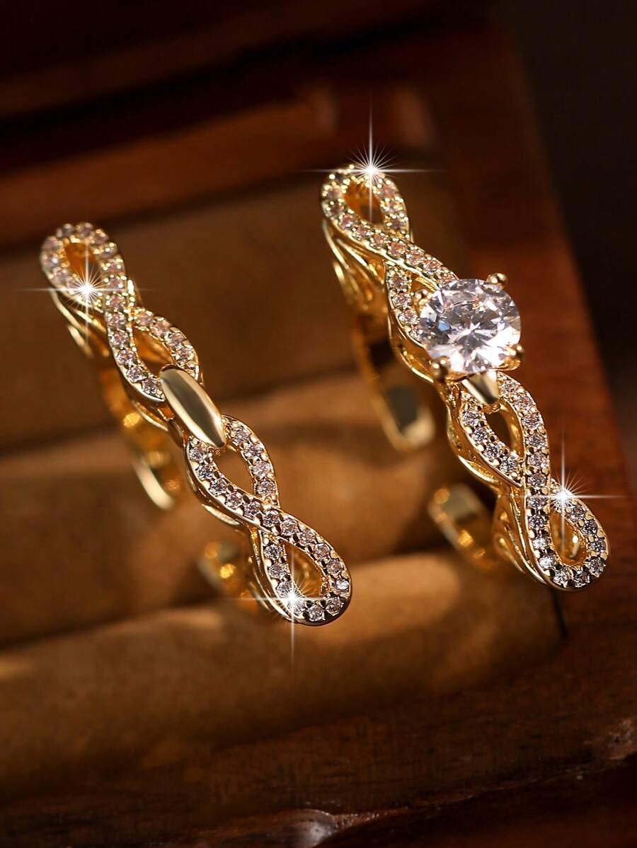 2pcs/1set Fashion Infinite Symbol 8 Elegant Style Rings Sets Glamorous Cubic Zirconia Gold Plated Women Copper Ring Suitable For Bride Engagement Wedding Music Festivals Party Jewelry Anniversary Gift - 8+8 - View 1