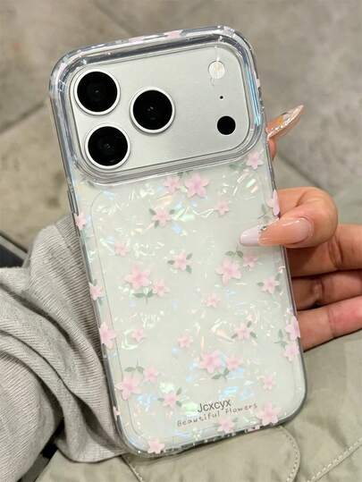 时尚艺术粉色花朵贝壳图案手机壳，兼容 17 Pro Max、17 Pro、17、16 Pro Max、16 Pro、16、16、15 Pro Max、15 Pro Max、15 Pro、15、14 Pro Max、14 Pro、13 Pro Max、13 Pro，简约可爱花卉风格柔软后盖，适合女孩使用。