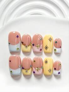 10Pcs Sweet And Edgy Girl Style Handmade Press On Nail,Polygel Nail Set,Colored Diamonds,Yellow, Blue,Pink And White Nail Polish,Fresh Summer Style,Includes Nail Tools,3 Sizes Available,Square,Short Square,Almond,Nails For Party,Dance,Daily Wear. - 彩色 - 查看 4