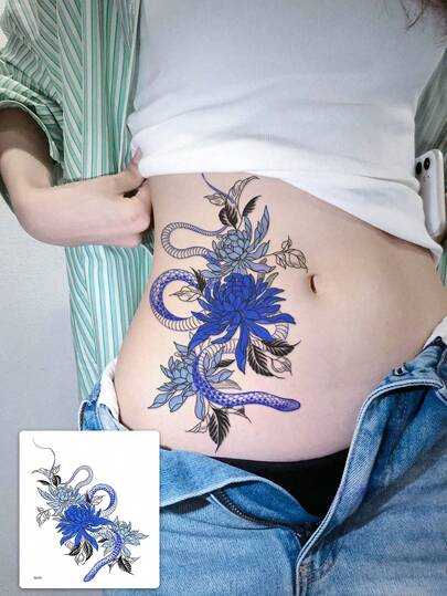 1pc Washable New Chinese Style Blue Tone Snake Floral Temporary Tattoo, Niche Elegant Cool Girl One-Time Tattoo Sticker Can Last 2-3 Days
