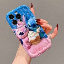 Disney Lilo & Stitch Phone Case, Cute Stitch & Angel Couple With Cupcake Print, Blue Pink Plush Texture Protective Cover For IPhone 17, 16, 15, 14, 13, 12, And 11 Pro Models. Made Of Durable TPU With Shockproof Protection. A Fun Gift For Family, Friends, Birthdays, Holidays, And Special Occasions. - trắng - Xem 3