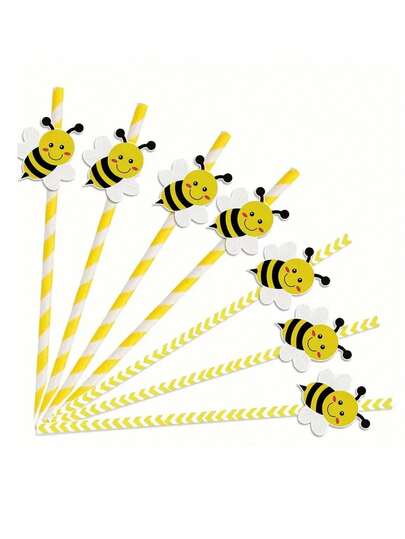 10pcs/Set Yellow Bee Paper Straws, Suitable For Christmas, Halloween, Easter, Thanksgiving And Other Holiday Parties, Birthday Gatherings, Holiday Celebrations, Desserts And Beverage Decorations