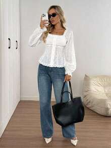 2026 Blusa de estilo casual y elegante para oficina con cuello cuadrado, volantes, mangas abullonadas, parches de encaje, cintura ceñida, corte evasé, bordados, textura de jacquard, para mujeres en otoño, color blanco - Negro - Ver 11