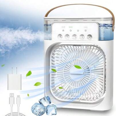 Ventilador de aire acondicionado portátil, mini enfriador de aire evaporativo, con 5 boquillas, 3 velocidades, 3 temporizadores, luz LED, ventilador personal de 600 ml, adecuado para dormitorios, oficinas, camping, y se puede usar en su escritorio, mesita de noche o mesa de centro (blanco y negro).