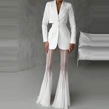 Pantalones rectos ajustados de cintura alta elegantes, pantalones acampanados de malla transparentes sexis para Mujer, pantalones largos lisos de verano para Mujer - 02 Blanco - Ver 1