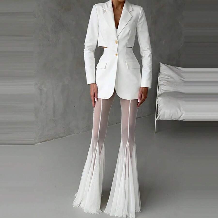 Pantalones rectos ajustados de cintura alta elegantes, pantalones acampanados de malla transparentes sexis para Mujer, pantalones largos lisos de verano para Mujer - 02 Blanco - Ver 1