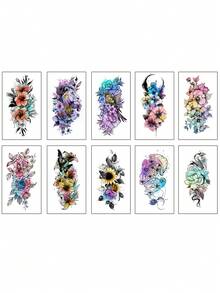 10 Sheets Watercolor Rose Flower Temporary Tattoos For Women, 10 Sheets Colorful Arm Sleeve Tattoos For Adults Floral Snake Lion, Arm Semi Permanent Fake Tattoos - Multicolor - View 2