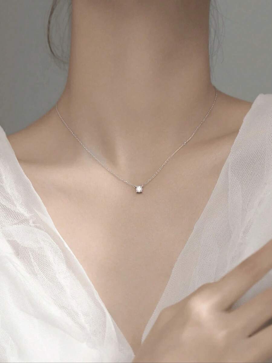 1pc Fashionable Minimalist Single Rhinestone And Clear Stone Flash Pendant Necklace Suitable For Women's Daily Wear - bạc - Xem 1