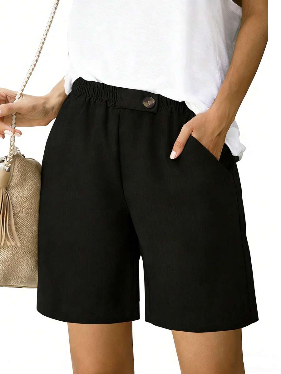 New Arrival Women's Fashion Casual Elastic Waist Shorts, Versatile For Summer Black - Black - View 1