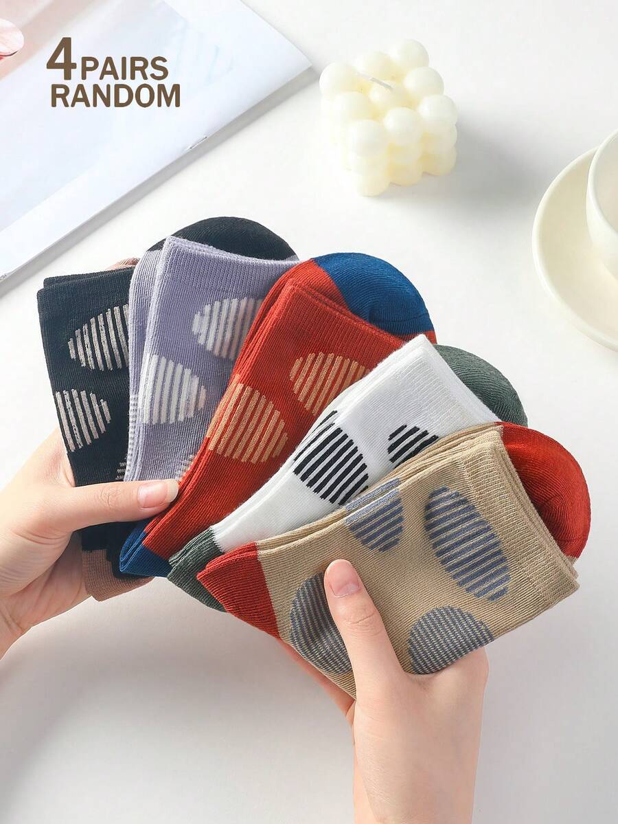 4 đôi tất nữ chấm bi thời trang dài đến bắp chân, tất cổ tròn mềm mại thoải mái, thoáng khí, tất đi học, tất thường ngày, thích hợp cho mùa xuân, hè, thu và đông, màu ngẫu nhiên - Nhiều màu - Xem 1