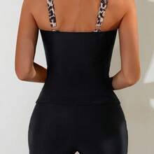 Swim Lushoire 2pcs/Set Women Spring Break Leopard Print Knitted Tankini Top & Shorts Set, Solid Color Side Waist Random Printed Round Neck Sleeveless Casual Sports Swimwear For Summer Beach Vacation - Blanco y Negro - Ver 3