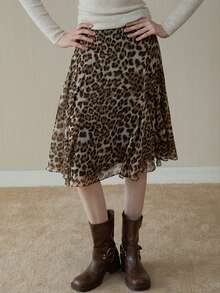 Rok A-Line Longgar Motif Leopard Terbaru, Rok Kasual dengan Hem Bergelombang untuk Wanita, Musim Semi & Gugur - Khaki - View 6