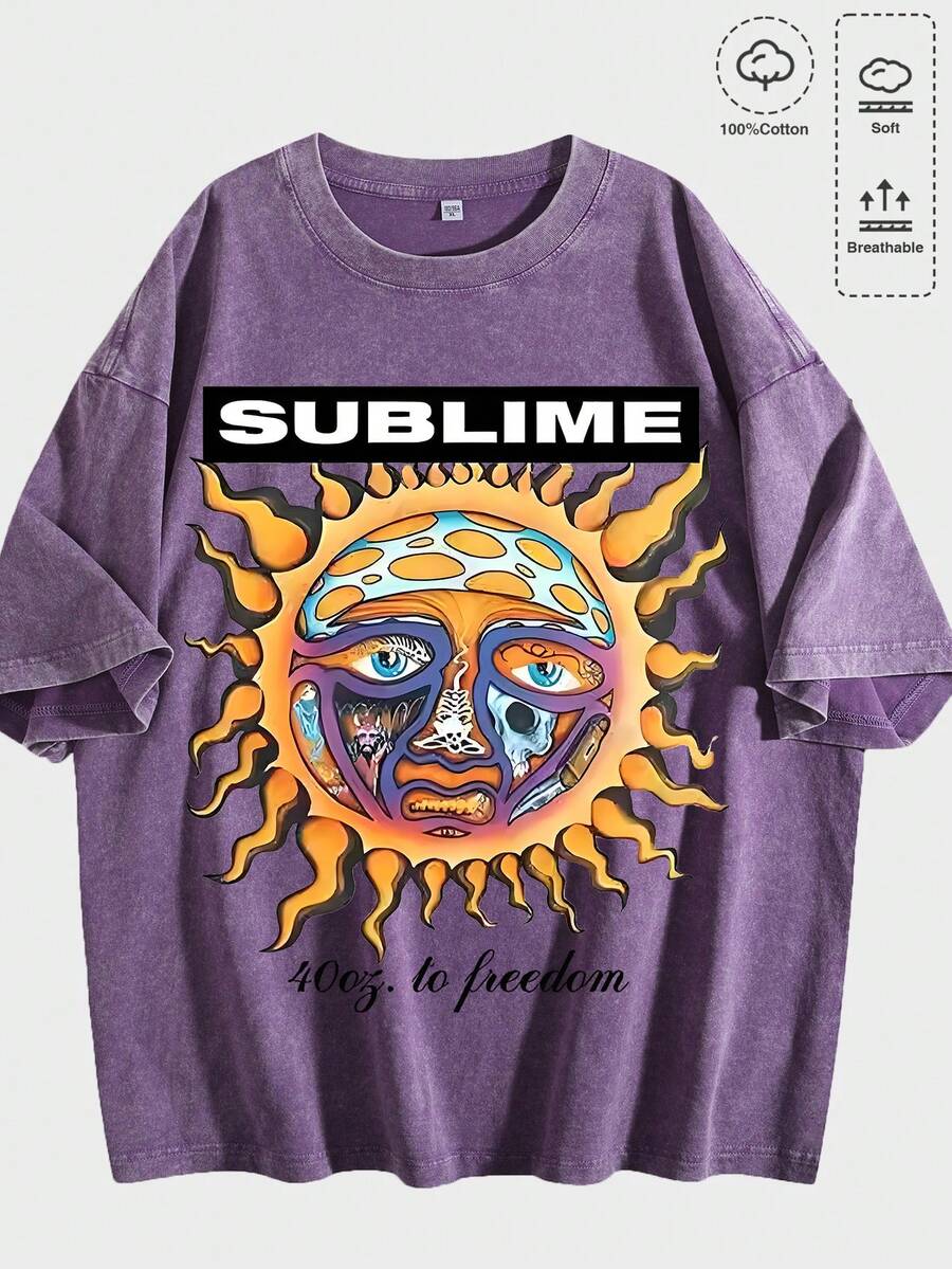Washed Cotton Sublime Sun Graphic Print Short Sleeve T-Shirt, Casual Oversized Crew Neck Tee For Men, Suitable For Daily Wear, Summer Outings And Music Festivals - Dirty Purple - View 1
