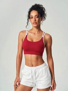 Crisscross Back Sports Bra, Contrast Trim Seamless Workout Top - Red - View 5