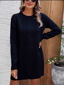 Women's Thick Wool Knit Shirt Dress, New Arrival, Long Sleeve, Round Neck, Winter/Autumn, Printed - 黑色 - 查看 2
