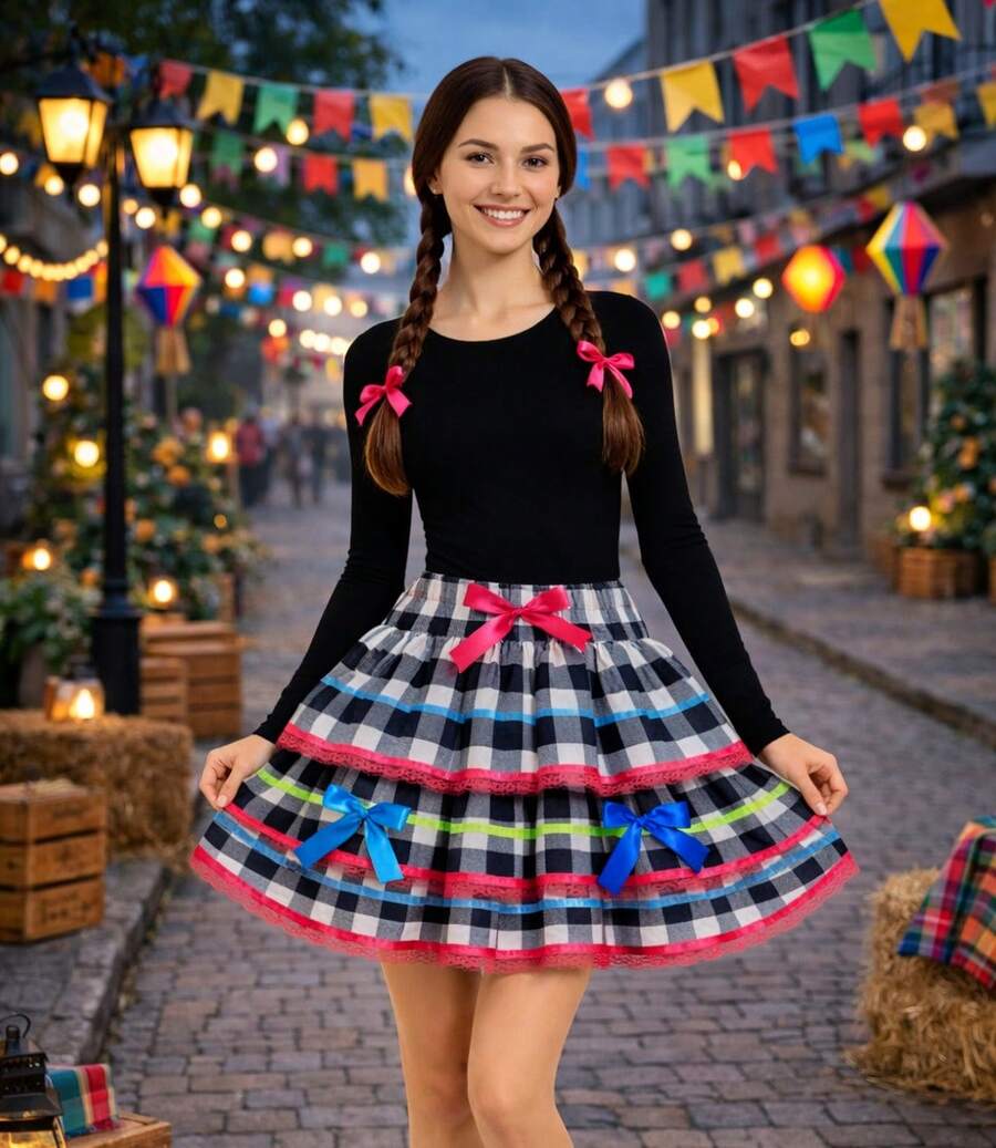 June Festival Skirt, Adult/Youth Cup, Countryside Checkered, Round Square Dance, Saint John's Day, Ruffles, Luxury - 玫紅色 - 查看 1