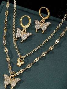 Bộ trang sức gồm dây chuyền và bông tai mặt hình bướm đính đá Cubic Zirconia, trang sức thời trang. - Vàng - Xem 4