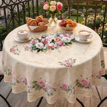 1pc Rectangular/Oval/Round Vintage Rose Print Tablecloth, Floral Lace Trim Polyester Fabric, Home Decor, Wedding Decorations, Table Cloth - Multicolor - View 3