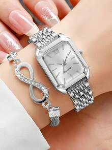 2pcs/Set Women's Fashion Casual Square Minimalist Dial Elegant Quartz Watch + Bracelet, Gift (Watch Box Not Included) - Silver - View 10