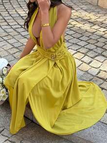 Women's Elegant Yellow Spaghetti Strap Deep V-Neck High-Low Hem Formal Evening Dress, Waist Tie Design Suitable For Parties And Weddings - Green - View 9