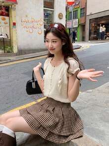 Chân váy ngắn kẻ caro kiểu mới dành cho nữ - Màu Khaki - Xem 2