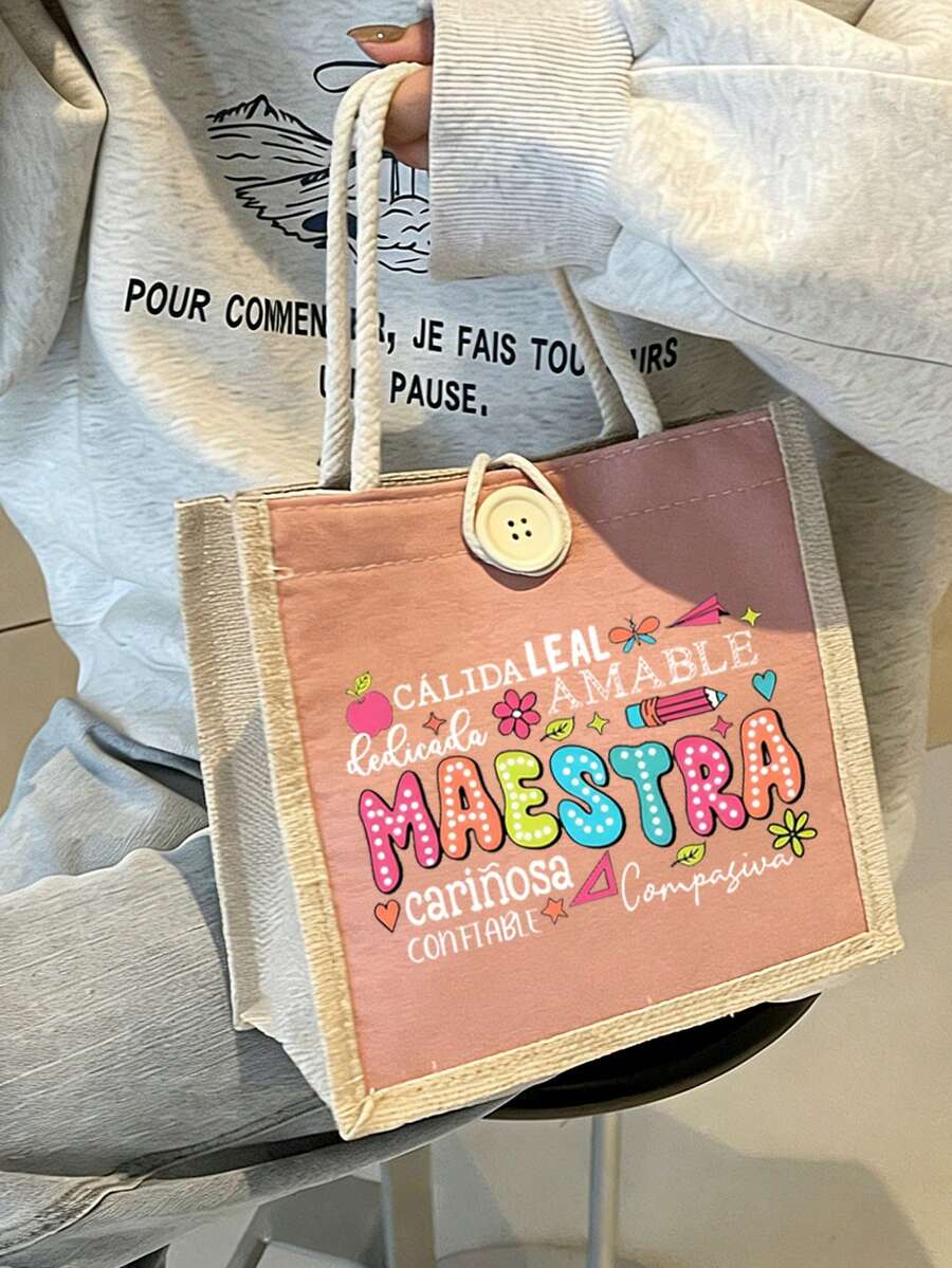 Multicolor Maestra Letter And Pencil Apple Pattern Print Tote Bag ,Reusable Tote - Multicolor - View 1