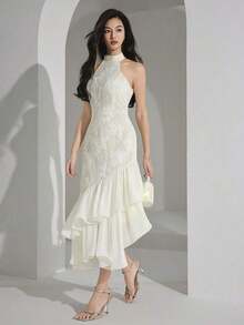 Vestido midi elegante de mujer con cuello halter, bajo con volantes y patchwork de jacquard - Albaricoque - Ver 5