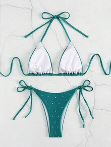 New Arrival European And American Women's Solid Color Rhinestone Halter Split Bikini Set Vacation Beach Summer - Peacock Blue - View 2