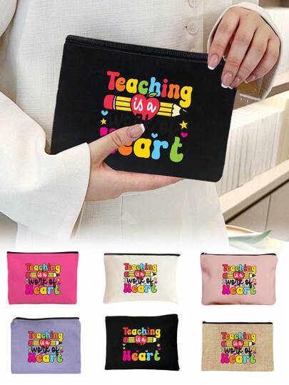 教师字母图案印花化妆包，印花化妆包 - 多种颜色可选，日常洗漱化妆包，多功能收纳包，轻便旅行收纳包，必备旅行收纳包，适合通勤、返校、旅行、野餐、露营、户外探险等场合，适合作为生日礼物、教师节礼物，时尚化妆包，适合旅行、海滩、浴室使用。