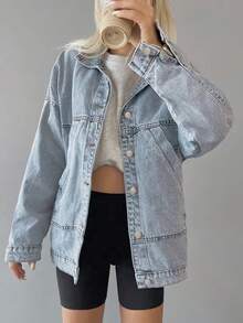 Women's Soft Oversized Denim Jean Jacket, Women's Spring Fashion Light Blue Comfortable Pocketed Outwear, Timeless Light Wash Relaxed Zip-Up Sports Jacket For Daily Layering, Western & Valentine/Christmas/New Years Outfit, Women Curve-Flattering Spring Summer Holiday Gift, Vacation Jacket, Spring Jacket, Summer Jacket, Spring Top, Summer Top, Back To School Clothing, Street Casual Style. Spring & Autumn Women's Winter Jacket Fall For Women Autumn For Women Fall For Women,Spring & Summer Women's Spring Jacket Summer For Women Spring For Women. - 淺藍色 - 查看 3