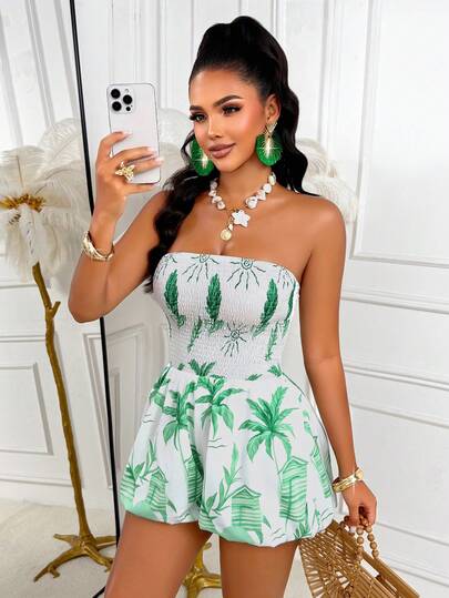 Sexy Women's Tropical Print Ruched Strapless Romper, Sleeveless Woven Fabric Summer Beach Wear Vacation