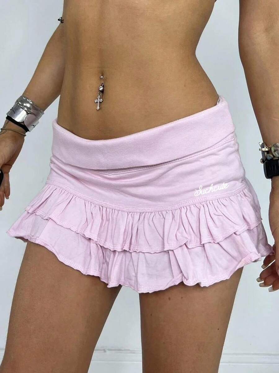 Minifaldas plisadas de estética Y2K para mujer, faldas Retro lisas de retales con volantes Kawaii de Fairycore, ropa Coqutte de los años 2000 - Rosa - Ver 1