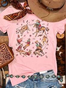 Western-Style Country Shirt Denim T-Shirt, Vintage Graphic T-Shirt, Comfortable Shirt, Cotton T-Shirt With Retro Print Pattern, Short Round-Neck Inspired Shirt For Girls, Cute Aesthetic Y2K Style Summer Top, Suitable For Outdoor, Home, Work, Or Street Casual Wear - Vacation Outfits Women - 粉色 - 查看 1