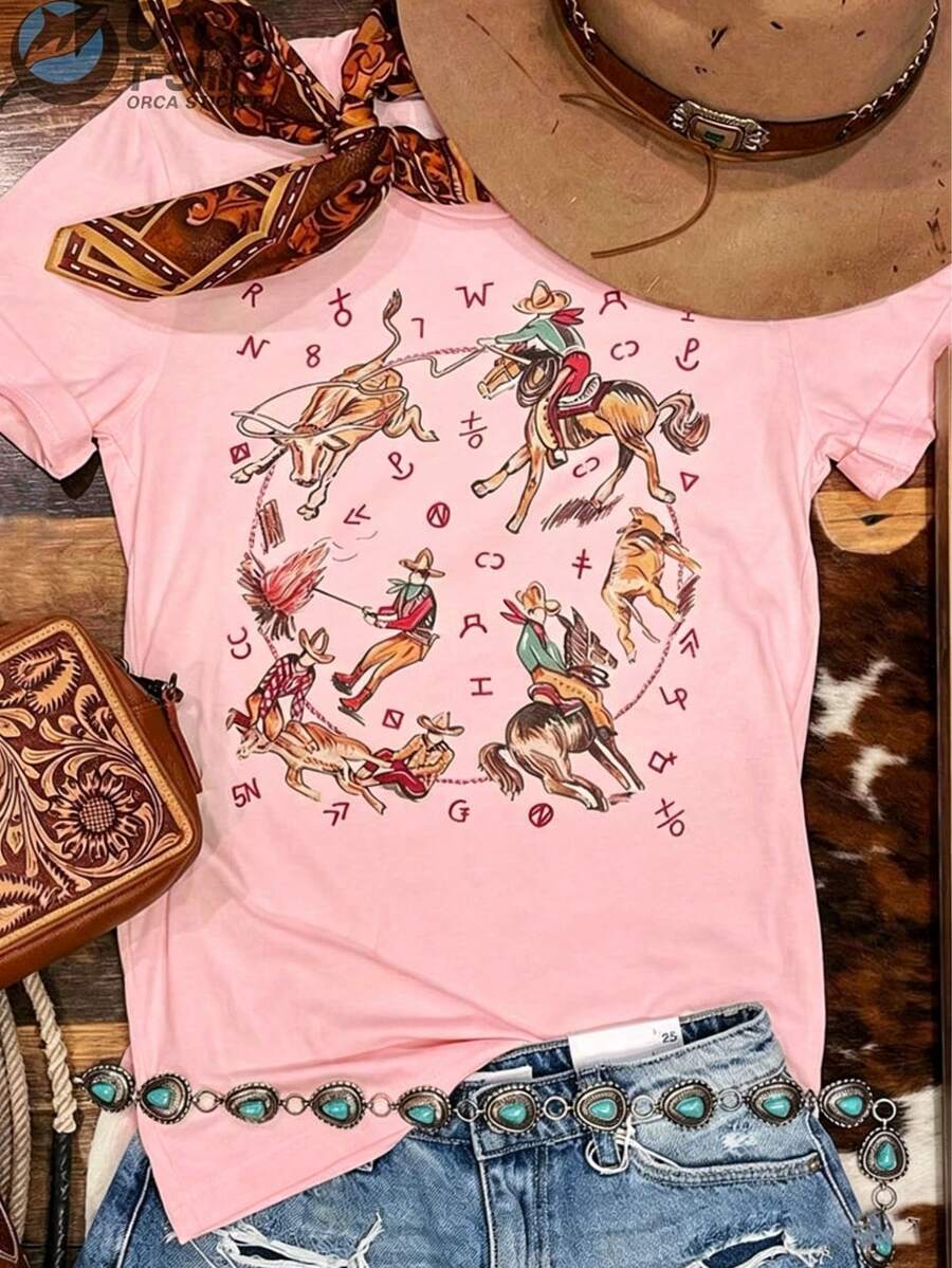 Western-Style Country Shirt Denim T-Shirt, Vintage Graphic T-Shirt, Comfortable Shirt, Cotton T-Shirt With Retro Print Pattern, Short Round-Neck Inspired Shirt For Girls, Cute Aesthetic Y2K Style Summer Top, Suitable For Outdoor, Home, Work, Or Street Casual Wear - Vacation Outfits Women - 粉色 - 查看 1