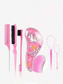 3/6-Piece Makeup Brush Set, Featuring Various Adorable Unicorn Combs To Choose From, Flip-Forward Styling Tools, Hair Band Scissors, Edge Brushes, Bristle Brushes, Teasing Combs. Suitable For Grooming, Styling And Cleaning. Suitable For Salon Use (In Pink And Purple) - Multicolor - View 10