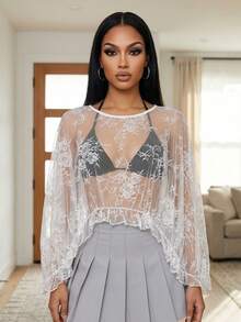 Blusas de encaje para mujer, blusa transparente de verano con cuello redondo y estampado de flores, ropa de club para uso casual diario - Blanco - Ver 4