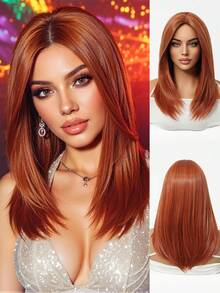 Tóc giả ngắn màu cam kiểu bob dành cho nữ, chất liệu tổng hợp chịu nhiệt, kiểu tóc thẳng tự nhiên có mái, thích hợp cho công việc hàng ngày/tiệc tùng/hẹn hò, dễ đội. - Màu Cam cháy - Xem 4