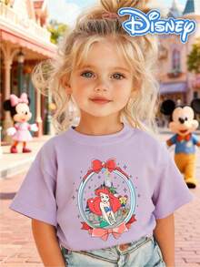 [Disney Authorized] Front: Ariel With Castle And Bow Elements Back: Ariel And Prince Eric With Flounder And Sebastian Elements And Text "PART OF YOUR WORLD" Double-Sided Print Pattern Girls' T-Shirt - Children's Clothing Design Short-Sleeve Casual Cute Style Comfortable And Relaxed Suitable For Boys And Girls, Perfect For Parties And Play Machine Washable Gift Children's Clothing Girls' Short-Sleeve Shirt - 紫丁香色 - 查看 2