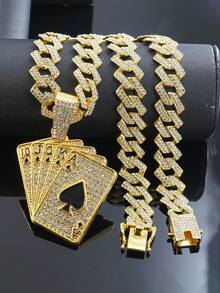Conjunto de collar con colgante de póker con diamantes de imitación estilo real y reloj con esfera azul completamente cubierto de diamantes de imitación, estilo punk para hombres, joyería a juego de rapero de hip hop - Azul - Ver 8
