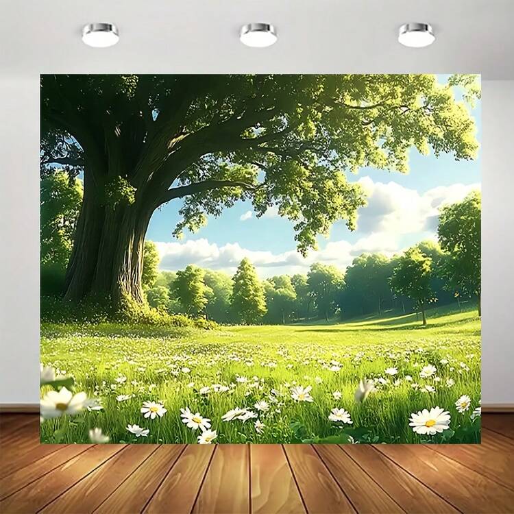 春日森林草地背景横幅，大尺寸逼真阳光、树木和野花壁画，自然场景背景，适合派对 - 27 - 查看 3